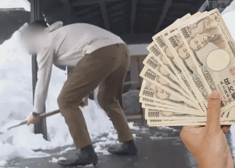 Snow Shoveling Chinese Tourists